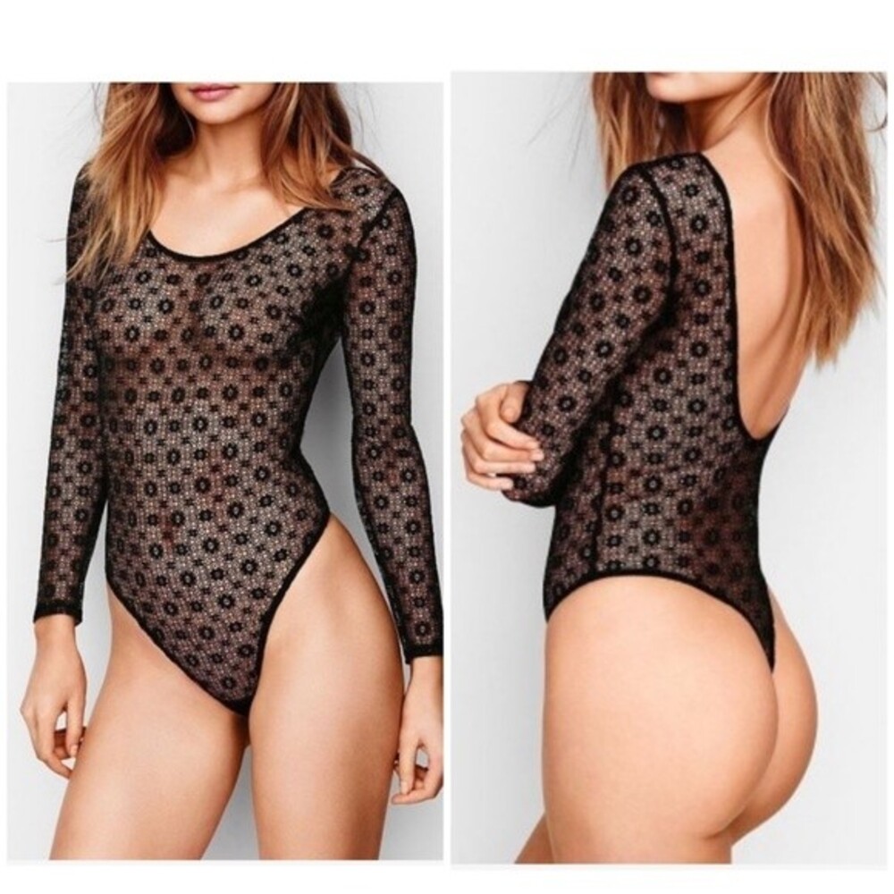 Victoria's Secret XS/S Sheer Floral Lace Bodysuit Teddy Low Back Thong